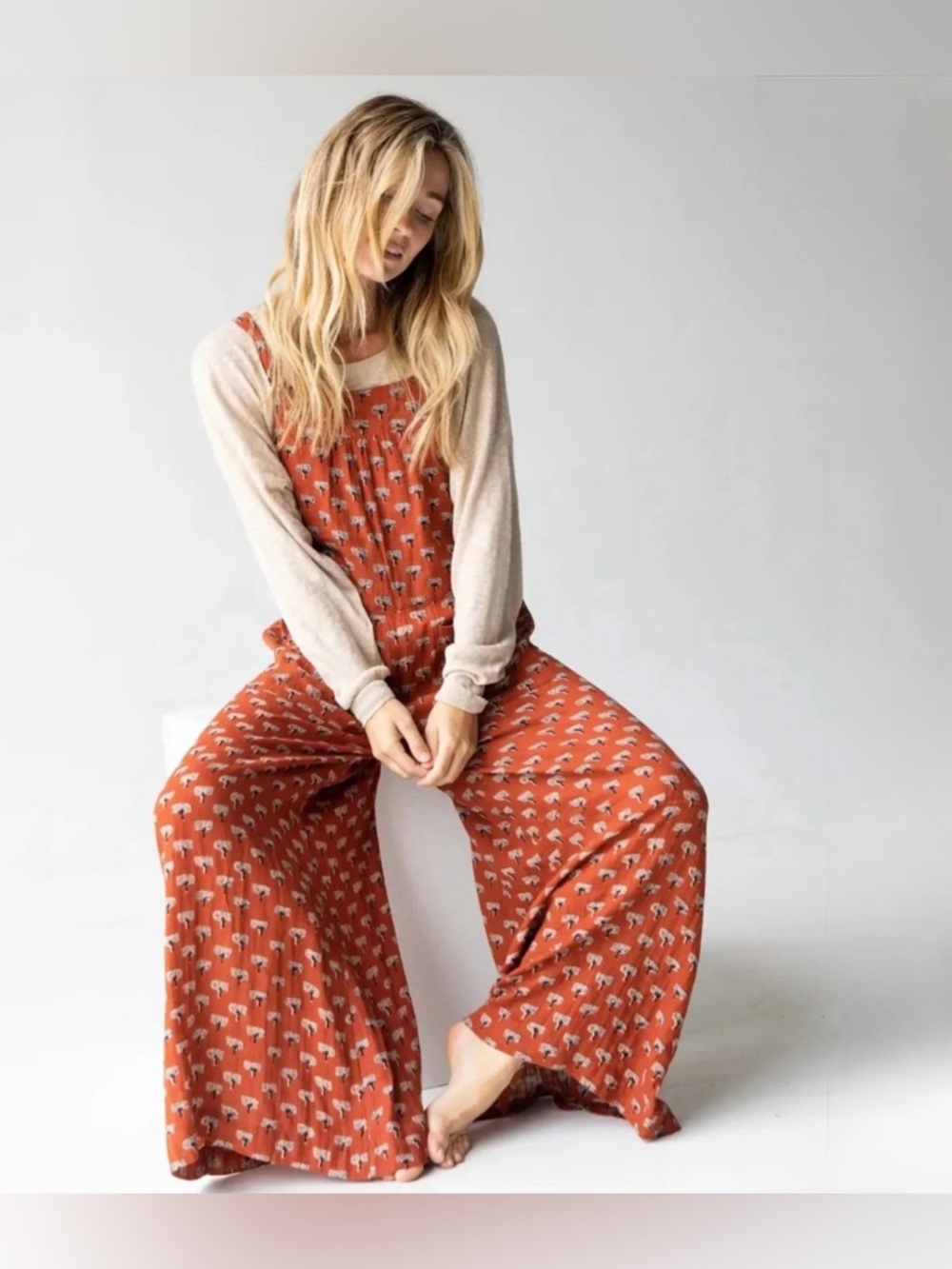 NATURAL LIFE Burnt Orange Printed Wide-Leg Romper with Cream Accents